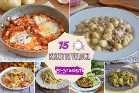 Collage di piatti invitanti, tra cui uova in purgatorio e gnocchi, che celebrano la pasta veloce per una cena in 15-30 minuti.