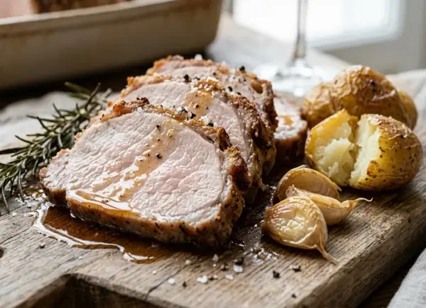 Fette di scamerita al forno succulenta su tagliere di legno, con patate arrosto, aglio e rosmarino.