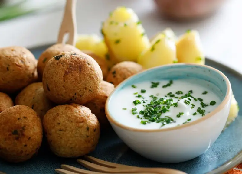 Polpette di ceci dorate e croccanti, servite con patate novelle e una ciotola di salsa cremosa guarnita con erba cipollina.