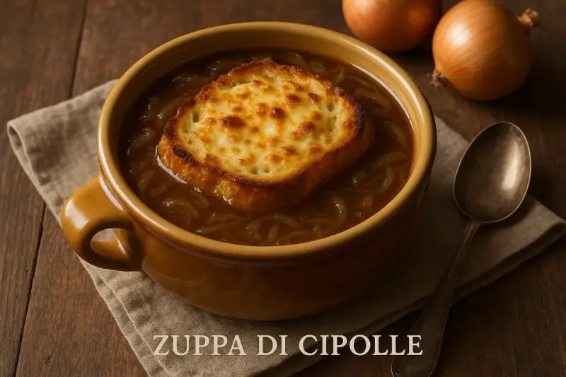 Zuppa di cipolle, la ricetta della nonna: un classico confortante con crostone di pane gratinato.